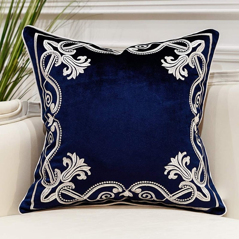 Avigers 20 x 20 Inch European Cushion Cover Luxury Velvet Home Decorative Embroidery Petunias Pillow Case Pillowcase for Sofa Chair Bedroom Living Room, Navy Blue - Image 1